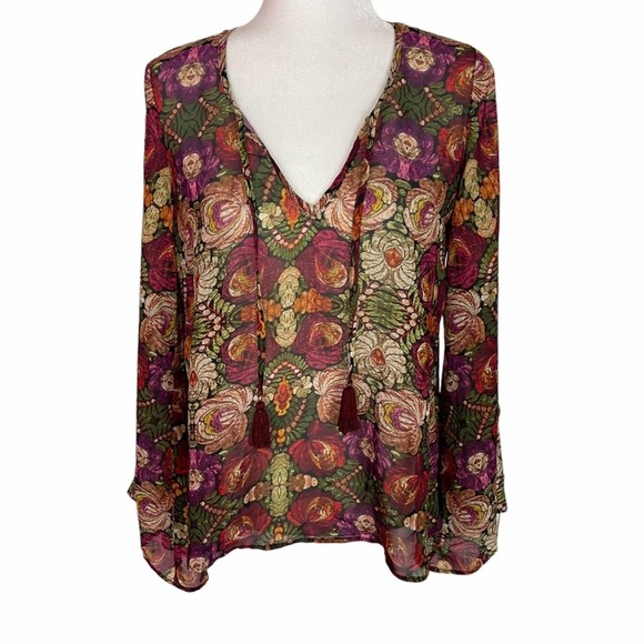 Show Me Your MuMu Tops - Show Me Your MuMu Burgundy Sheer V-Neck Floral Long Sleeve Blouse W/Tassels XS